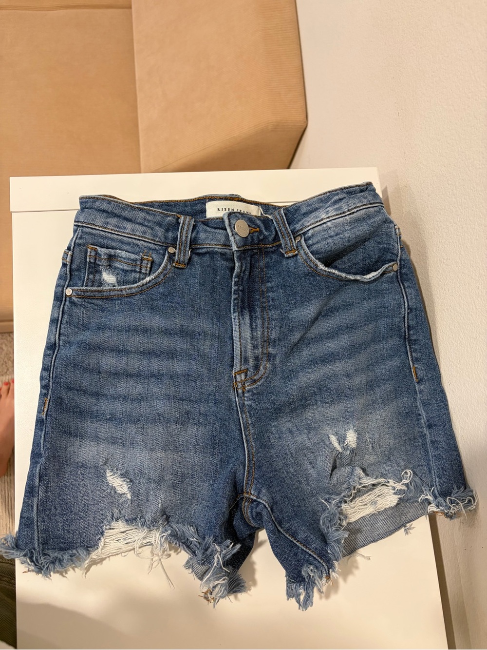 High-Rise Frayed Hem Blue Denim Shorts - Unknown Brand